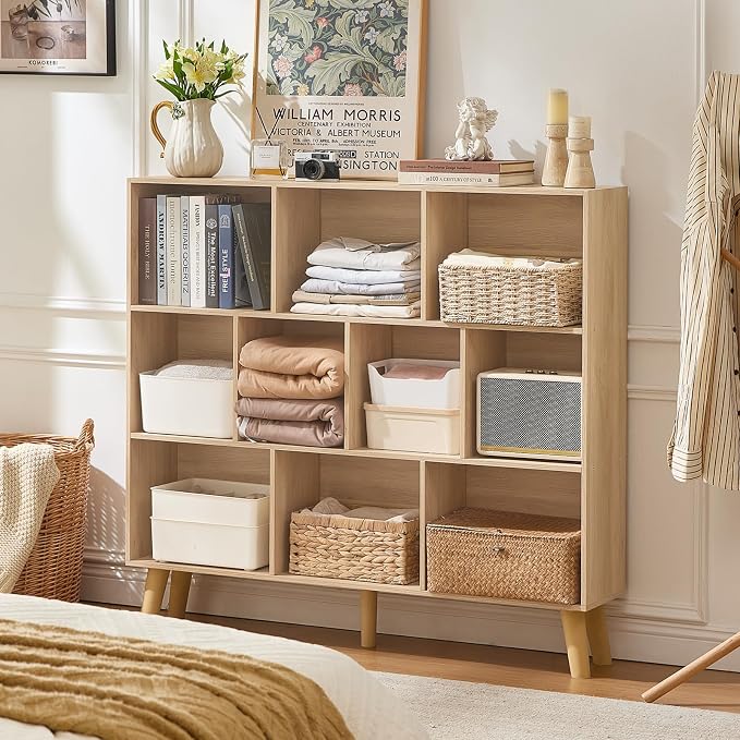 LEYAOYAO 10 Cube Bookshelf,Mid-Century Modern Bookcase with Legs,Light Wood | 3 Tier Book Shelf,Rustic Wood Bookshelves Freestanding Large Storage Organizer, Open Shelves for Bedroom, Living Room, Office