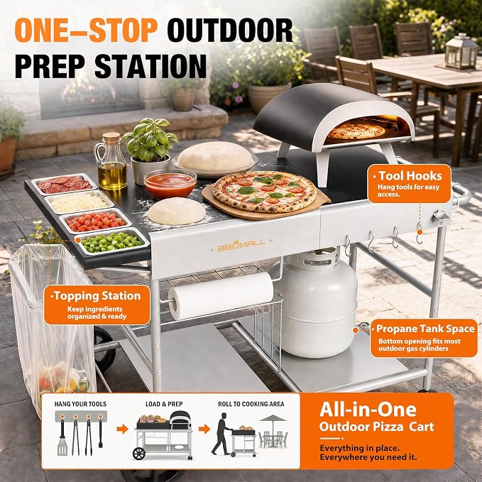 Pizza Oven Table Grill Cart for Ninja Woodfire, Blackstone Griddle, Ooni | 51'' Outdoor Pizza Oven Stand with Seasoning Tray for Outdoor Cooking, BBQ Prep Station, Easy Assembly 30048
