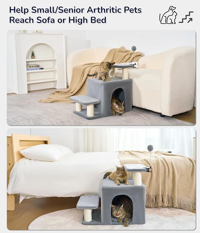 Happi N Pets Cat Stairs with Scratching Post & Large Condo, Stable Pet Steps for High Beds Couch, 3 Combinations Cat Ramp Tree Tower for Cats or Small Dogs, Removable Cushion & Bonus Toy, Gray