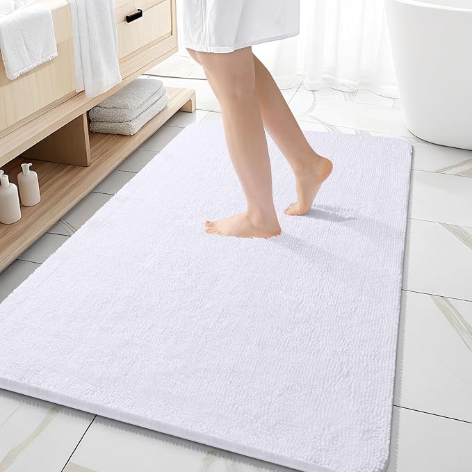 OLANLY Large Bathroom Rugs 59x35, Extra Soft Absorbent Chenille Bath Rugs, Rubber Backing Quick Dry, Machine Washable Bath Mats for Bathroom Floor, Tub and Shower, Home Decor Accessories, White