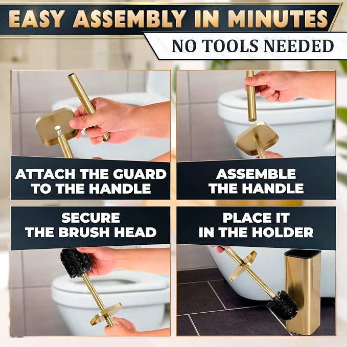 Gold Toilet Brush with Square Holder - Toilet Brush and Holder Set Gold, Stainless Steel Handle with Splash Shield, Replaceable Head and Removable Inner Cup - Freestanding Bathroom Toilet Cleaning Set