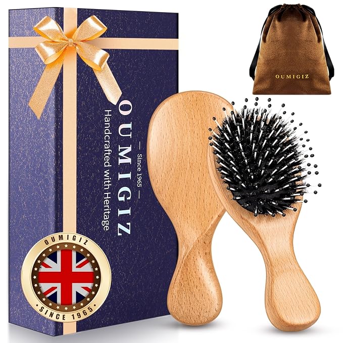 Mini Boar Bristle Hair Brush Since 1965 British Craftsmanship Handmade | Natural Wooden Small Hairbrush, Gentle Detangling Women Men Kids Curly Thick Fine Frizzy Hair, Smoothing Styling Brush