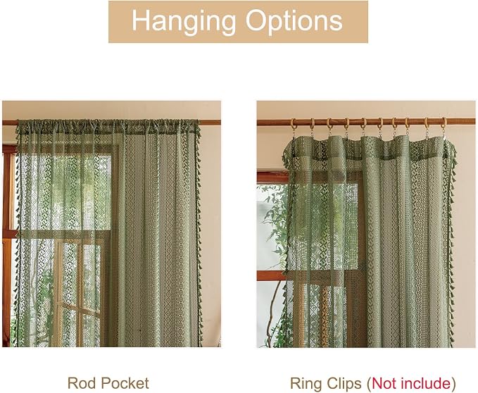 Sutuo Home Olive Green Boho Sheer Curtains 72 Inches Long for Kitchen Bedroom, Lace Curtains Bohemian French Country Privacy Crochet Light Filtering Vintage Tassels Christmas Rod Pocket,2 Panels 50"W