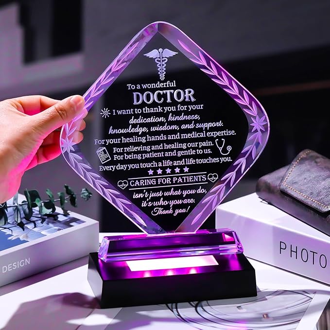 Movdyka Thank You Doctor Gifts for Women Men Crystal Keepsakes with Colorful Light Base Doctor Appreciation Gifts for Famale Male Best Doctors Day Retirement Birthday Plaque Decor