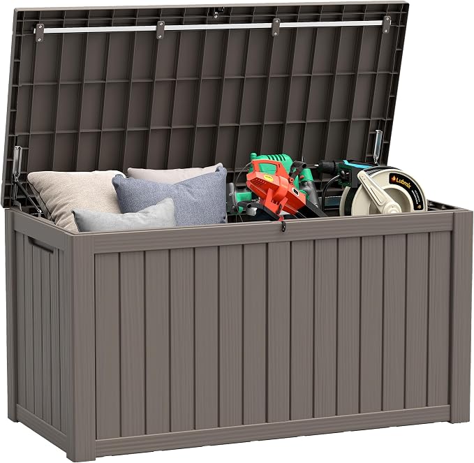 Outdoor Storage Box, 180 Gallon Large Outdoor Resin Deck Box, Storage Waterproof Boxes Lockable Lid for Garden Tools, Pool Supplies, Patio Furniture and Cushions, Grey