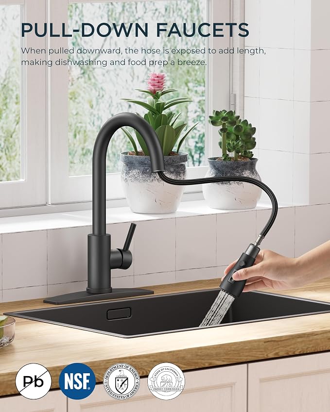 FORIOUS Black Kitchen Faucet with Pull Down Sprayer, Bar High Arc Single Handle Traditional 3 Modes Stainless Steel Faucet for Kitchen Sink Farmhouse RV Laundry Camper