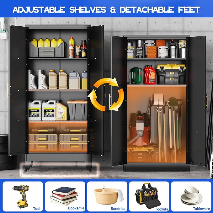 GAIOUS 61" Tall Kitchen Pantry Cabinet,Metal Storage Cabinet Black Cupboard | Steel Office Cabinet, Freestanding Bookcase with 2 Doors and 3 Adjustable Shelves, Bathroom Kitchen Bedroom Garage Cabinet
