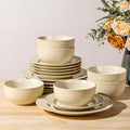 TheTerra Ceramic Dinnerware Sets for 6, 18 Pieces Porcelain Lightweight Plates and Bowls Sets, Scratch Resistant Dish Set, Oven, Microwave & Dishwasher Safe, Cream Latte