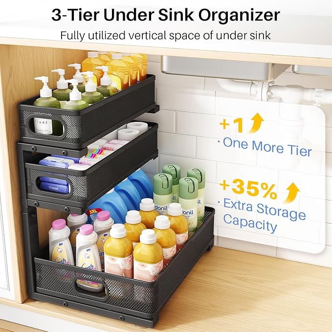 Under Sink Organizer, 2-Pack 3-Tier Thickened Metal Pull out Cabinet Organizer Shelf, Height Adjustable Slide out Storage Drawer Rack for Kitchen Bathroom Pantry Laundry Home Office Organization
