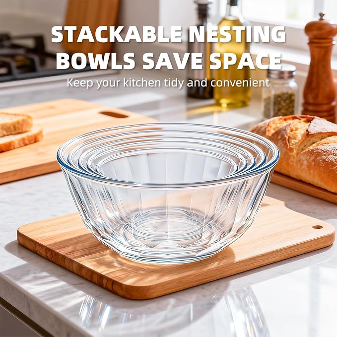 Luvan 5-Piece Glass Mixing Bowls Set with Lids - Clear Salad Bowls with Lids Set, Diamond Pattern Large Glass Mixing Bowl for Baking Prep, Serving & Storage