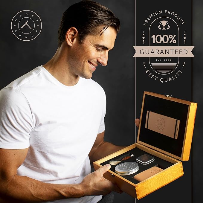 Naked Armor Thor Straight Razor Kit, Japanese Stainless Steel Shaving Set | 7-Pc Shave Ready Wet Shaving Kit, 7/8" Barber Straight Edge Razor Set, Strop, Paste, Brush, Soap, Sheath, Box, Gifts for Men