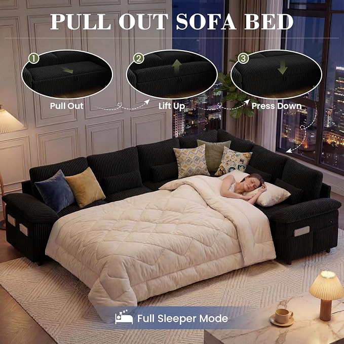 110 Inch Modular Sectional Sleeper Sofa with Pull Out Bed, U Shaped 7 Seat Cloud Modular Sectional Sofa with Storage, Corduroy Sectional Couches for Living Room, Removable Sofa Cover, Black