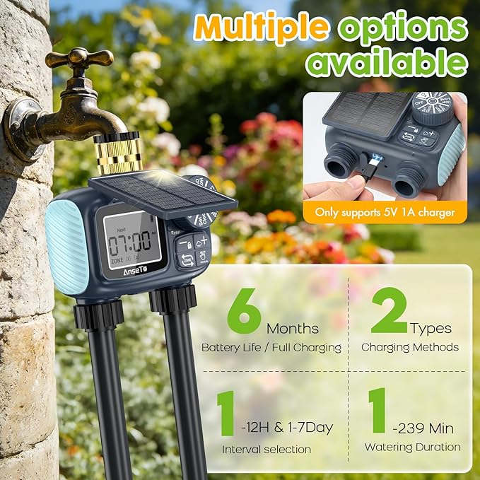 Solar Sprinkler Timer,Brass Inlet Hose Timer for Garden Hose,Programmable Water Timers,Plant Watering Devices,Garden Watering System, Rain Delay/Manual/Automatic Irrigation System, 2 Outlet
