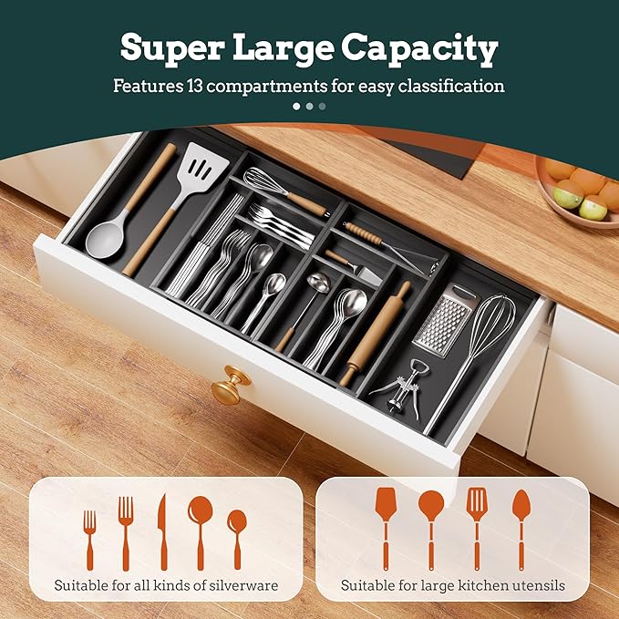 Silverware Organizer Large, Magnetic Connected Expandable 13 Slots Silverware Drawer Organizer From 21 to 37.4 Inches, Adjustable Flatware and Cutlery Holder, Bamboo Utensil Tray for Kitchen Black