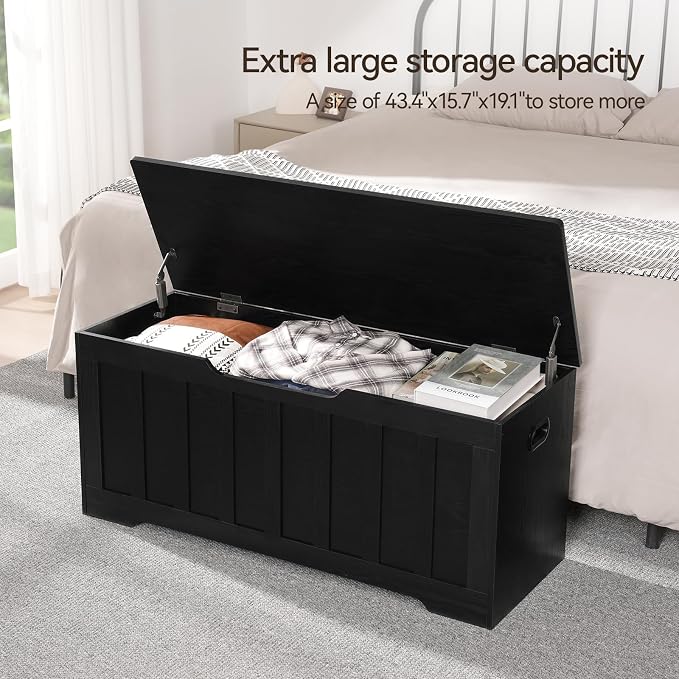 VANKILEY 43.3" Storage Chest Extra Large,Storage Trunk with 2 Safety Hinges,Wooden Storage Bench,Shoe Bench,43.3x15.7x19.1 Inch,Easy Assembly,Storage Bench for Bedroom,Living Room,entryway(Black)