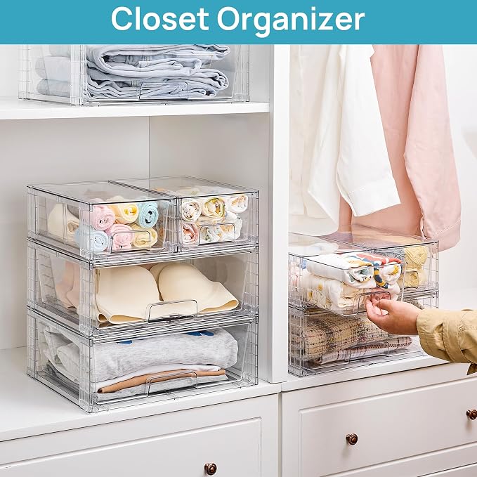 Vtopmart Clear Stackable Storage Drawers Set of 6, Easily Assemble Acrylic Bathroom Undersink Organizers,Plastic Storage Bins for Closet,Cabinet,Pantry,Medicine Organization