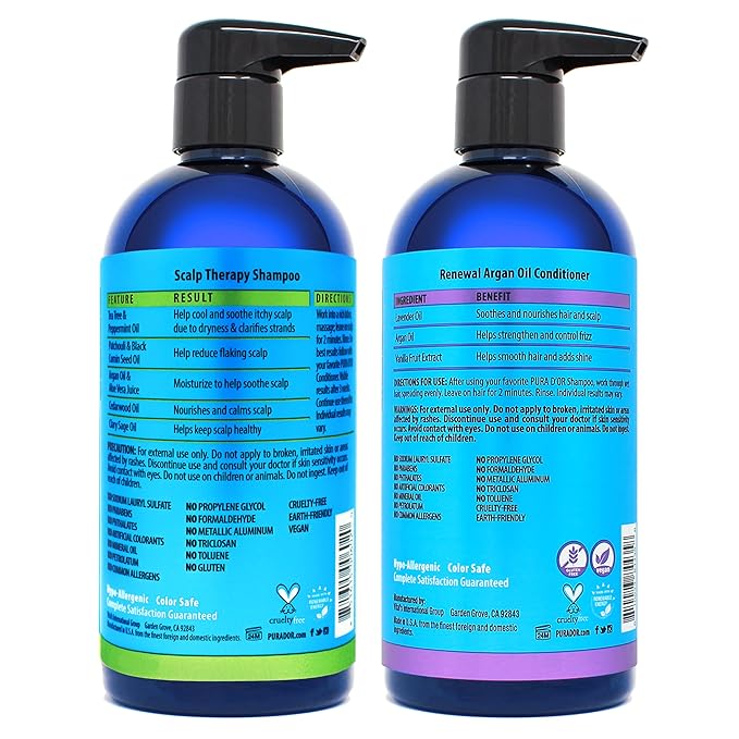 PURA D'OR Scalp Therapy Shampoo & Conditioner Set (16oz x 2) Dry, Itchy Scalp-Hydrates & Nourishes Hair w/Tea Tree, Peppermint, Argan Oil & Biotin, All Hair Type, Men Women (Packaging Varies)