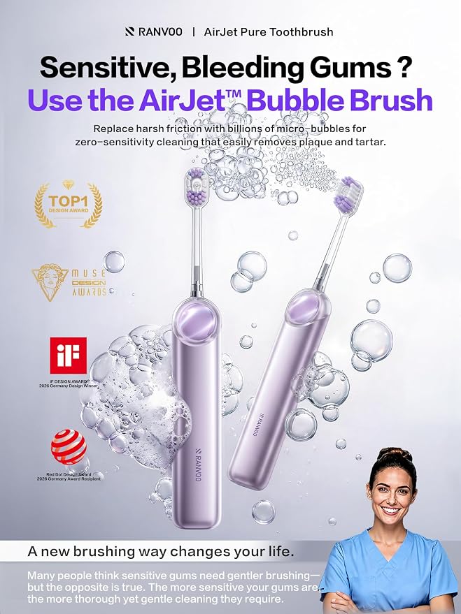 RANVOO AirJet P5 [New-Gen Bubble Brush | Low Friction Advanced Clean] Electric Toothbrush for Adults, Plaque Removal, Teeth Whitening & Gum Care, 90-Day Battery, Travel Case Included, Purple