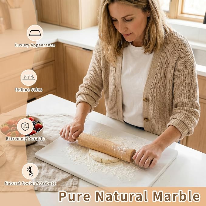 White Marble Cutting Board 20 x 16 Inch, Heavy Duty Stone Pastry Board for Dough Kneading, Baking, Rolling, and Serving Tray, Yugoslavia White