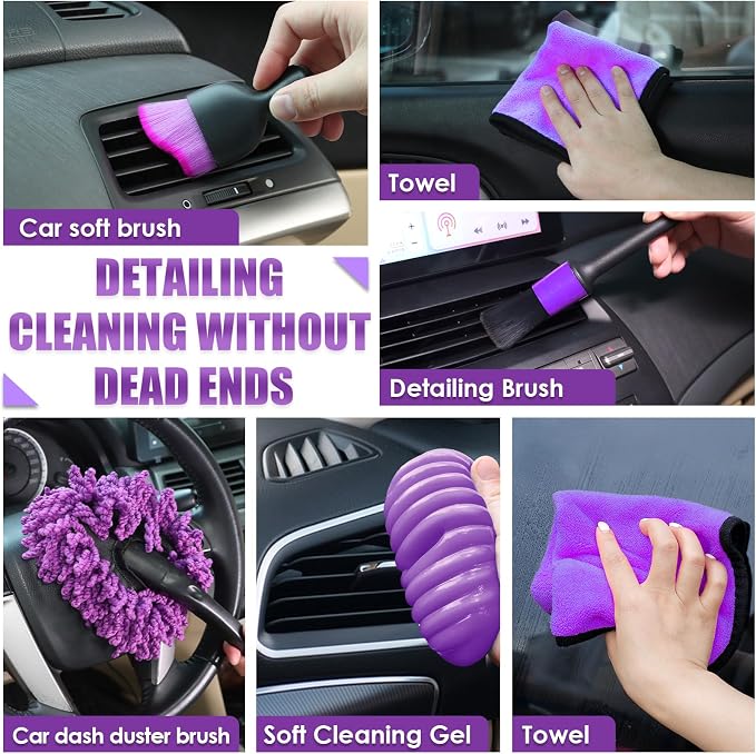 17PCS Car Cleaning Kit, Purple Car Interior Detailing Kit with High Power Handheld Vacuum, Detailing Brush Set, Windshield Cleaner, Cleaning Gel, Complete Auto Accessories for Women Gift
