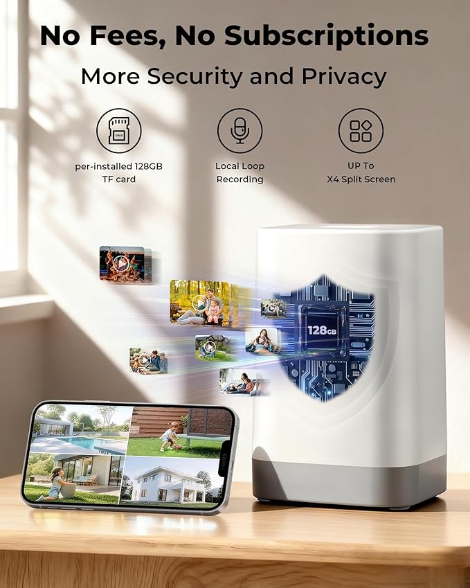 4MP Security Cameras Wireless Outdoor,No Subscription 128GB Local Storage,Solar Powered Cameras For Home Security With 360°PTZ,4 Cam-Kit, Color Night Vision Home Security Camera System,5G & 2.4G,IP66