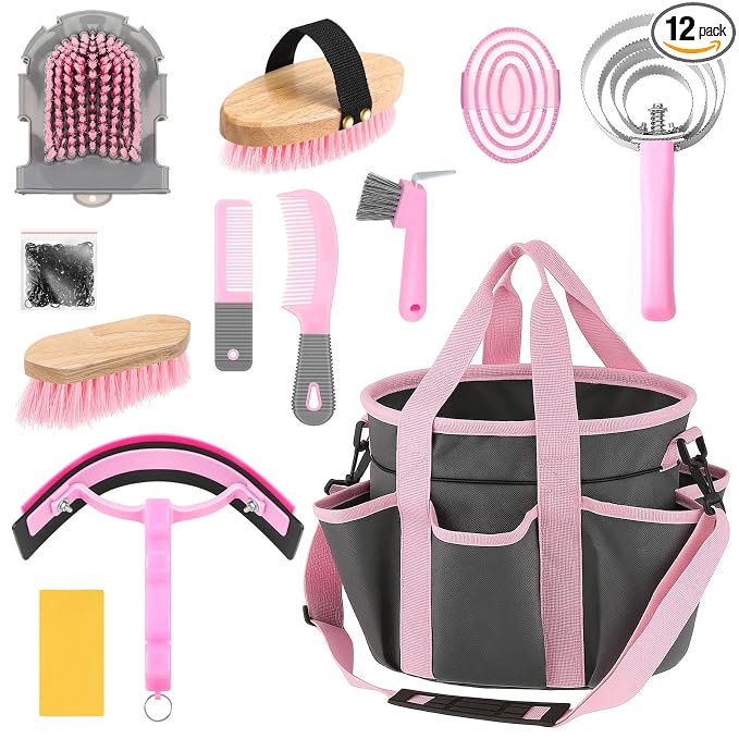 Abbylike 12 Piece Horse Grooming Kit with Organizer Tote Bag Brush Sets for Derby Day Show Horses Professional Tools for Care & Massage(Grey and Pink)