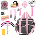 Abbylike 12 Piece Horse Grooming Kit with Organizer Tote Bag Brush Sets for Derby Day Show Horses Professional Tools for Care & Massage(Grey and Pink)