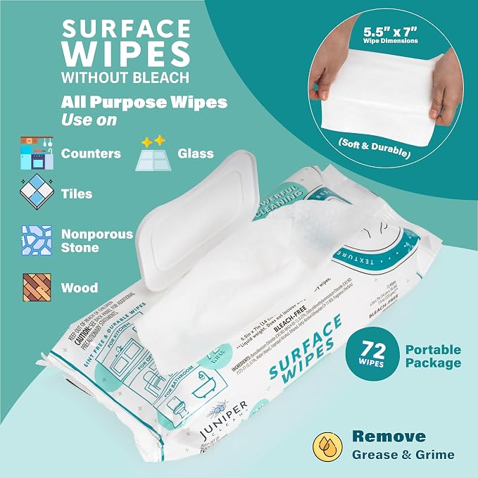Juniper CLEAN 24 Pack Surface Cleaning Wipes Bleach Free, All-Purpose Cleaner for Bathroom, Kitchen, Office, 1728 Count Soft Flow, Fresh Scent, Bleach Free, Lint Free, Durable