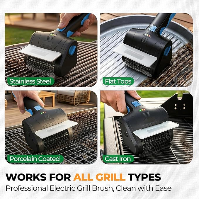Auto Dynasty Cordless Electric Grill Brush, 304 Stainless Steel BBQ Brush with Rotating Scrub Head, Rechargeable, Type-C Fast Charging for Gas/Charcoal/Outdoor Grill, Blue/Black