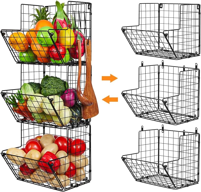 X-cosrack Metal Wire Basket Wall Mount, 3 Tier Wall Storage Organizer with 5 S Hooks, Kitchen Fruits and Vegetables Bin Toys Organizer Hanging Basket Black (S (10.83" L x 10.63" W x 30" H))