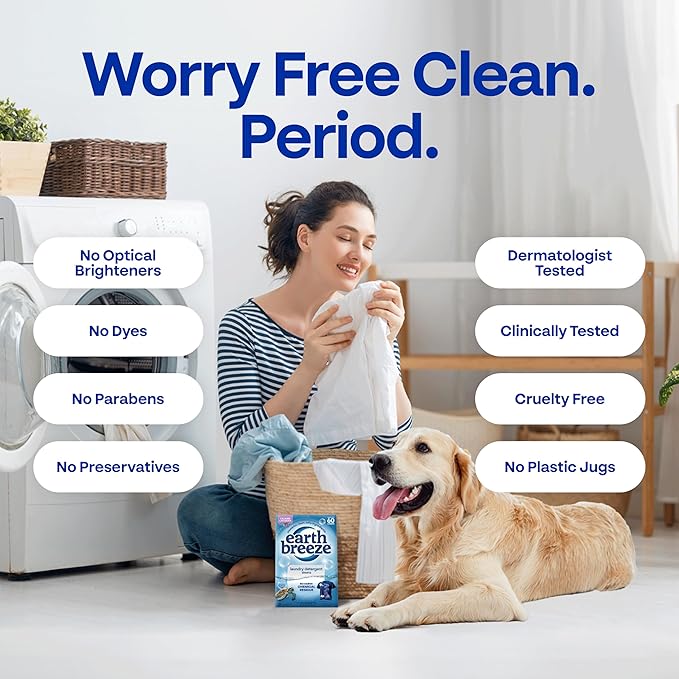 Earth Breeze Laundry Detergent Sheets Calming Lavender - 60 Loads - Eco Laundry Sheets - Travel Laundry Soap Sheets for Hot & Cold Cycles - Tackles Tough Stains & Odors - Gentle on Skin, 30 Ct