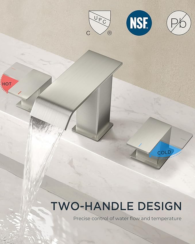 FORIOUS Widespread Bathroom Sink Faucet 3 Hole Brushed Nickel, 2 Handles Waterfall Bathroom Faucet with Metal Pop-up Drain and 24" Hot and Cold Water Hoses, Suitable for Vanity RV Restroom, 2 Pack