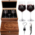 Custom Couples Wine Glasses Set Of 2, Engraved Name Date, 4 Designs | Wooden Keepsake Box, Bottle Stopper, Corkscrew Opener, Wedding Gift Set, Bride and Groom, Toasting Glasses