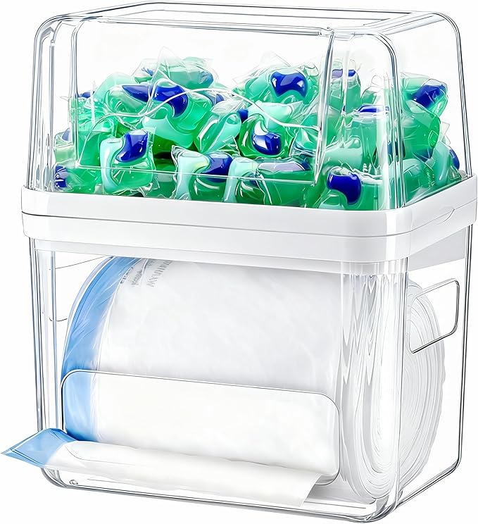iCASA Trash Bag and Dishwasher Pod Dispenser - 3 in 1 Clear Storage Bins Holder for 13/30/33 Gallon Garbage Bags, Laundry Detergent Pods & Tabs, Under Sink Organizer for Kitchen and Laundry Room