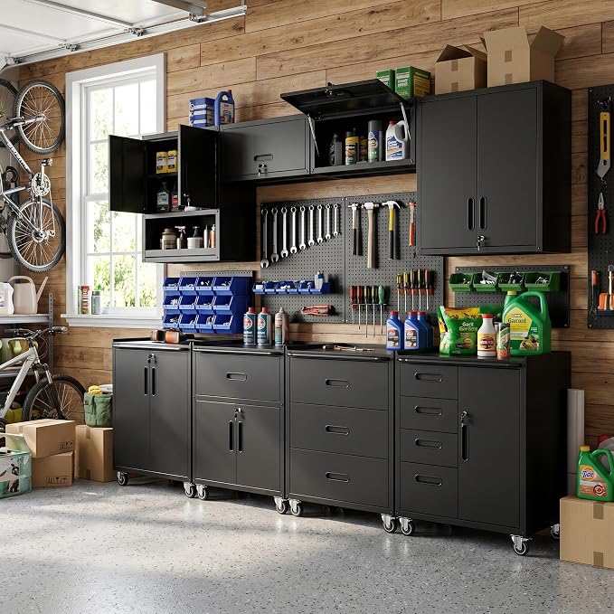 8-Piece Heavy Duty Steel Garage Cabinet System | All-in-One Modular Garage Cabinet Set for Ultimate Workshop Organization | Easy Assembly Garage Storage Cabinets & Tool Bench (Black)