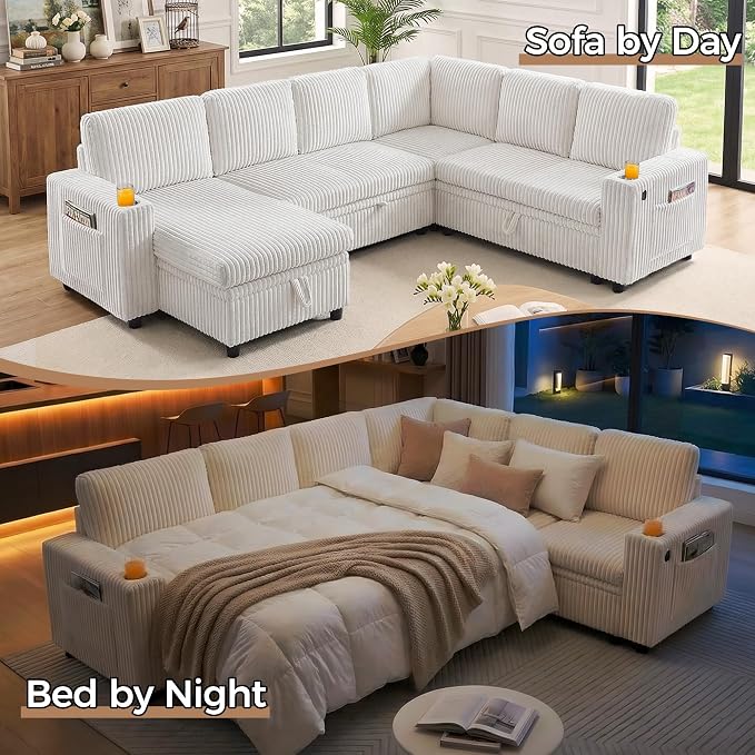 106 in L Shaped Modular Sectional Sofa Couch for Living Room, Beige | Pull Out Sleeper Bed, 7 Seat Modular Design, Hidden Storage Space, USB Charging, Cup Holders, Soft Corduroy, Easy Assembly