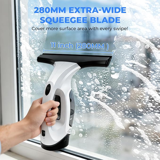 Window Vacuum Squeegee Cordless, Electric Window Cleaner Squeegee with 2000Pa Suction, 280mm Wide Blade, 150ml Tank for Shower Glass, Mirrors, Tiles & Car Windows