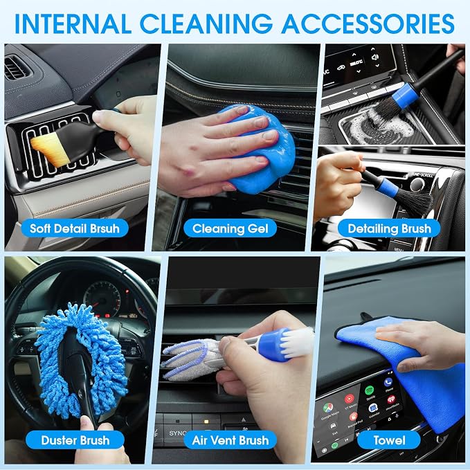 36Pcs Blue Car Wash Detailing Kit，Car Cleaning Set with Foam Gun Sprayer，Long-Handle Brush Mop，Large Collapsible Bucket，Complete Car Wash Supply Gift for Men and Women