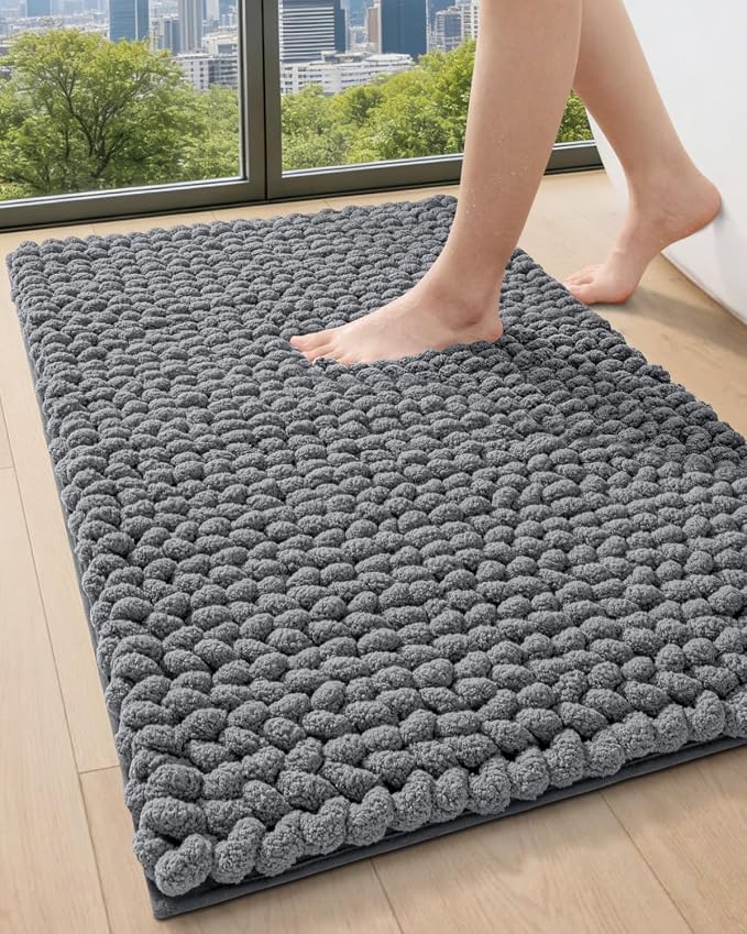 DEXI Bathroom Rugs 36x24, Non Slip Washable Bath Mat, Luxury Chenille Super Absorbent Ultra Thick Bathmats for Shower Floor, Plush Fluffy Shaggy Carpet for Tub, Dark Grey