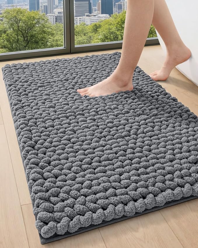 DEXI Bathroom Rugs 30x17, Non Slip Washable Bath Mat, Luxury Chenille Super Absorbent Ultra Thick Bathmats for Shower Floor, Plush Fluffy Shaggy Carpet for Tub, Dark Grey