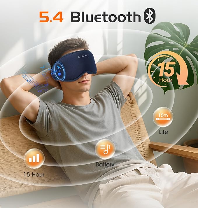 Bluetooth Sleep Mask with 2 Removable 3D Contoured Cup, Bamboo Cotton Sleeping Headphones for Side Sleepers with Timming Setting, Blackout Eye Mask for Sleeping Travel Meditation Men Women(Navy Blue)