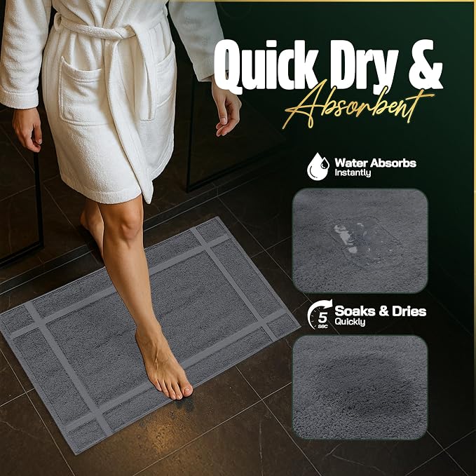 Pearl Linens 100% Ring Spun Cotton Bath Mat (Pack of 2) 18 x 25 Inch, Washable, Soft & Absorbent Terry Bathroom Floor Mat – Not Bathroom Rugs – Quick-Dry After Shower Bath Mat, 781 GSM, Dark Grey