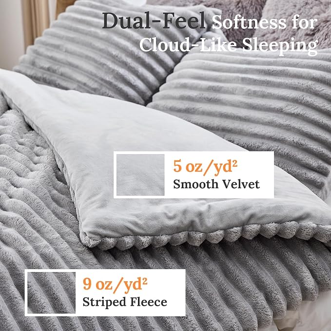Sasttie Queen Comforter Set 3 Pieces - Super Soft Fleece Comforters Queen Size, 1 Luxury Warm Fuzzy Marshmallow Comforter with 2 Pillow Cases, Faux Fur Down Alternative Bedding Set, Light Grey