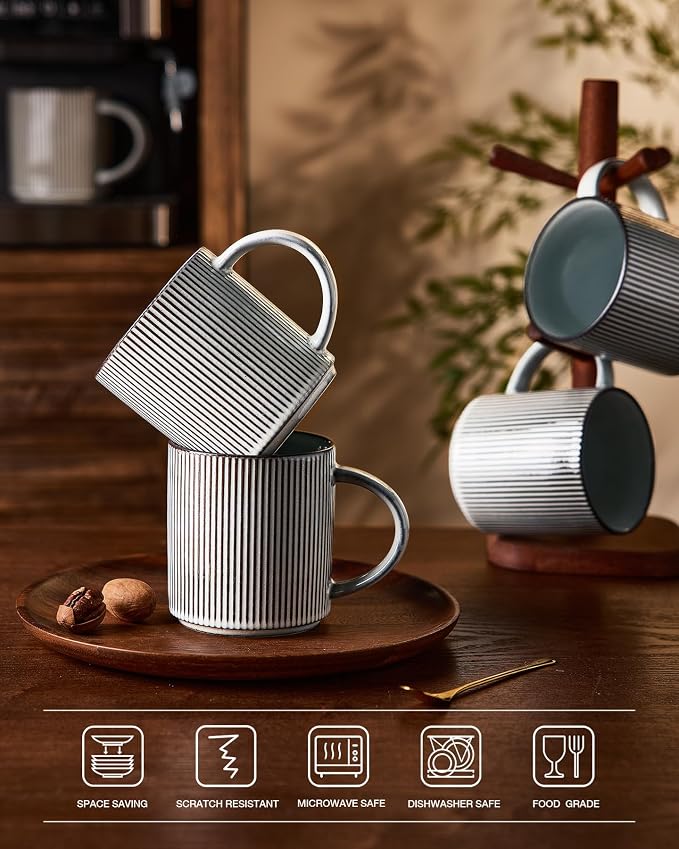 famiware Coffee Mug Set for 4, Star 16 oz Catering Mugs Cup Set with Handle for Coffee, Tea, Cocoa, Milk - Ceramic Stoneware Drinkware Set, Smoky Blue