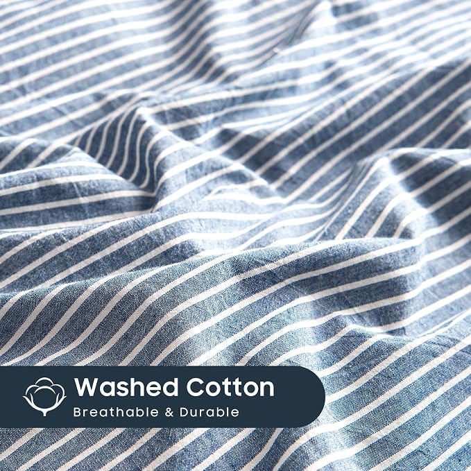 Wake In Cloud - Striped Cotton Duvet Cover Set, 100% Washed Cotton Textured Bedding Set, Ticking Stripe Pinstripe Farmhouse, 3 Pieces, Denim Blue, Twin/Twin XL Size