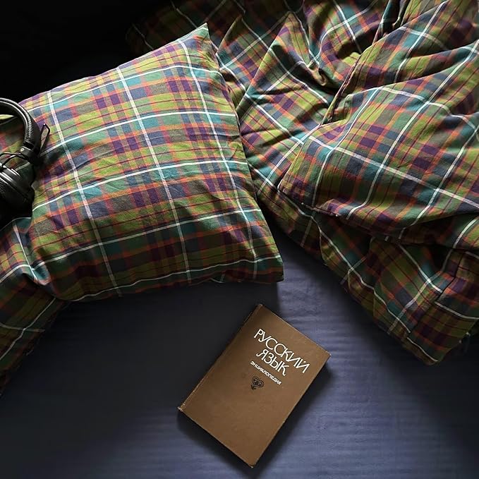 mixinni Buffalo Plaid Duvet Cover Queen Size - 100% Washed Cotton 3-Piece Bedding Set for All Seasons, Retro Grid Design, Soft Breathable Comforter Cover with Zipper Ties for Men, Women-Queen Size