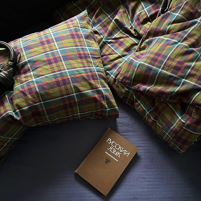 mixinni Buffalo Plaid Duvet Cover Set Full Size - 100% Washed Cotton 3-Piece Bedding Set for Teen Boys Girls, Retro Grid Design, Soft Breathable Comforter Cover for Dorm Room-Full Size