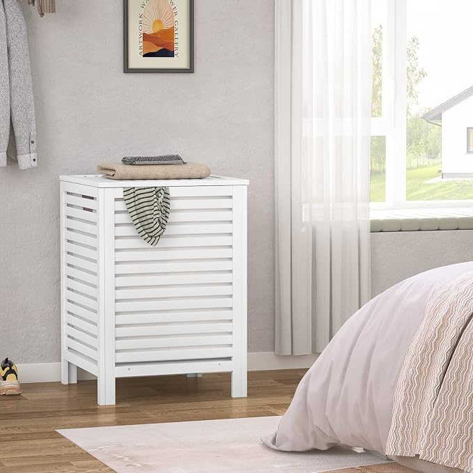 Bamboo Laundry Hamper with Lid, 120L Large Clothes Laundry Sorter with Removable 2-Section Liner Bag, Raised Laundry Basket Organizer for Clothing, Bathroom, Bedroom, Laundry Room, White
