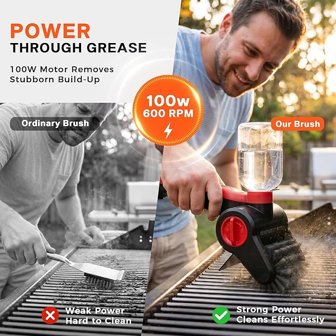 Electric Grill Brush, 100W High Power Cordless BBQ Cleaner with 300ml Water Spray Tank, IPX8 Waterproof Automatic Scrubber for Gas Charcoal Grills, 2-Speed Rechargeable Power Brush with Scraper