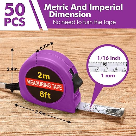 Copkim 50 Pcs Small Tape Measure Bulk 6 Ft 2M Mini Measuring Retractable Metric Tape Measure and Inch, Portable Easy to Read Measurement for Adults Prizes Construction Tool Party Favors(Purple)